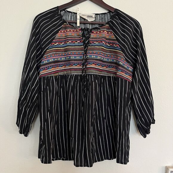 Savanna Jane Embroidered Split Tie V Neck 3/4 Sleeve Striped Boho Peasant SZ L - Picture 1 of 9